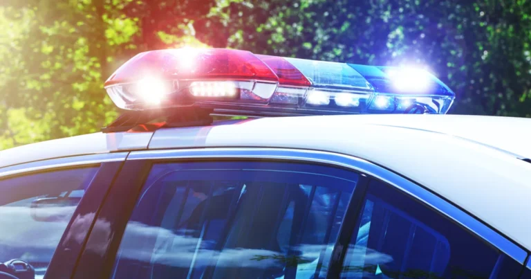 Police lights at a nighttime crash scene on a highway