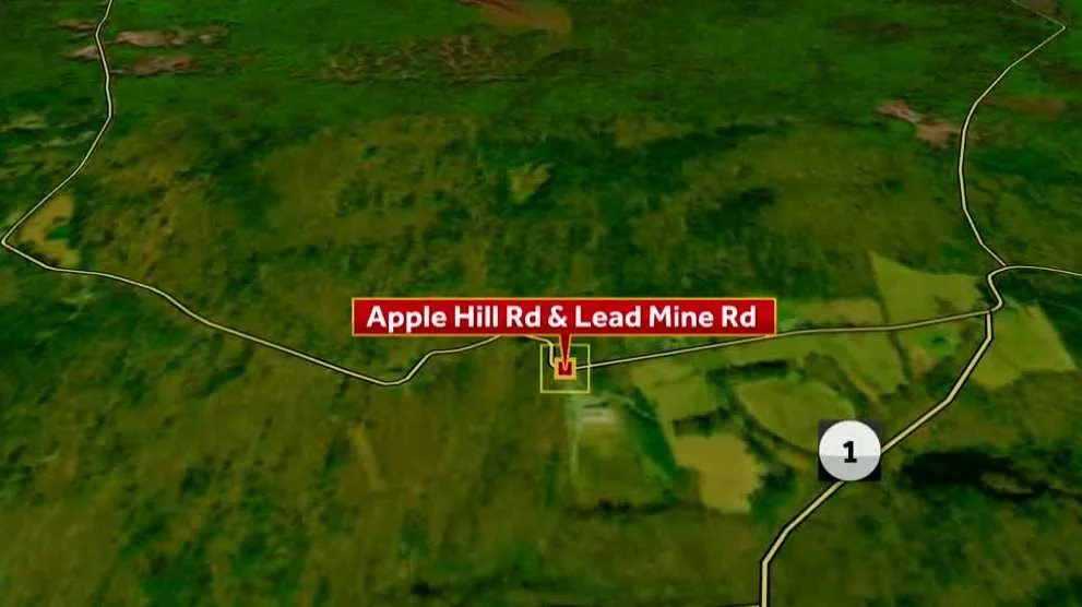 A dump truck crash scene in a wooded roadside area near a rural road