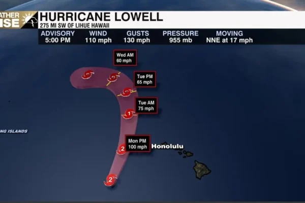 Satellite view of Hurricane Lowell approaching Hawaii with warning areas highlighted