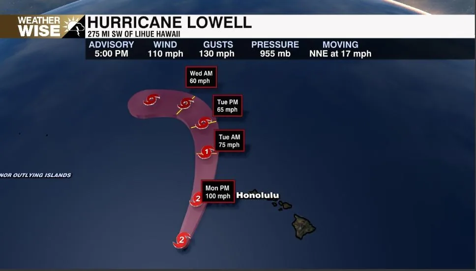 Satellite view of Hurricane Lowell approaching Hawaii with warning areas highlighted