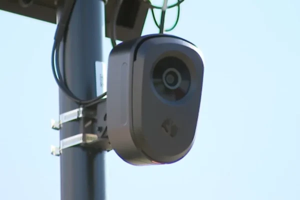 A Massachusetts State Police cruiser near a license plate reader camera